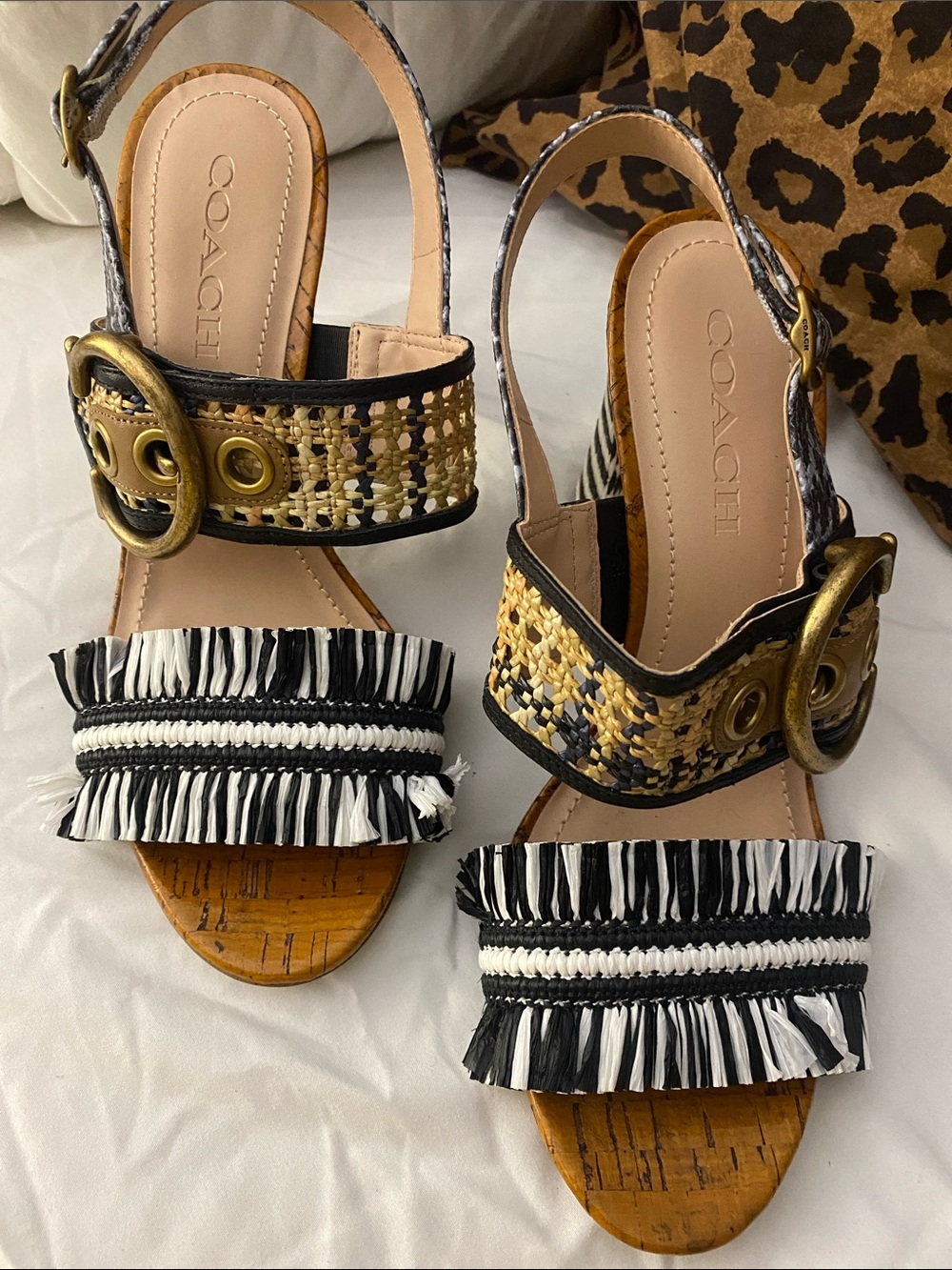 Coach Black, White & Natural Woven Fringe Slingback Heels